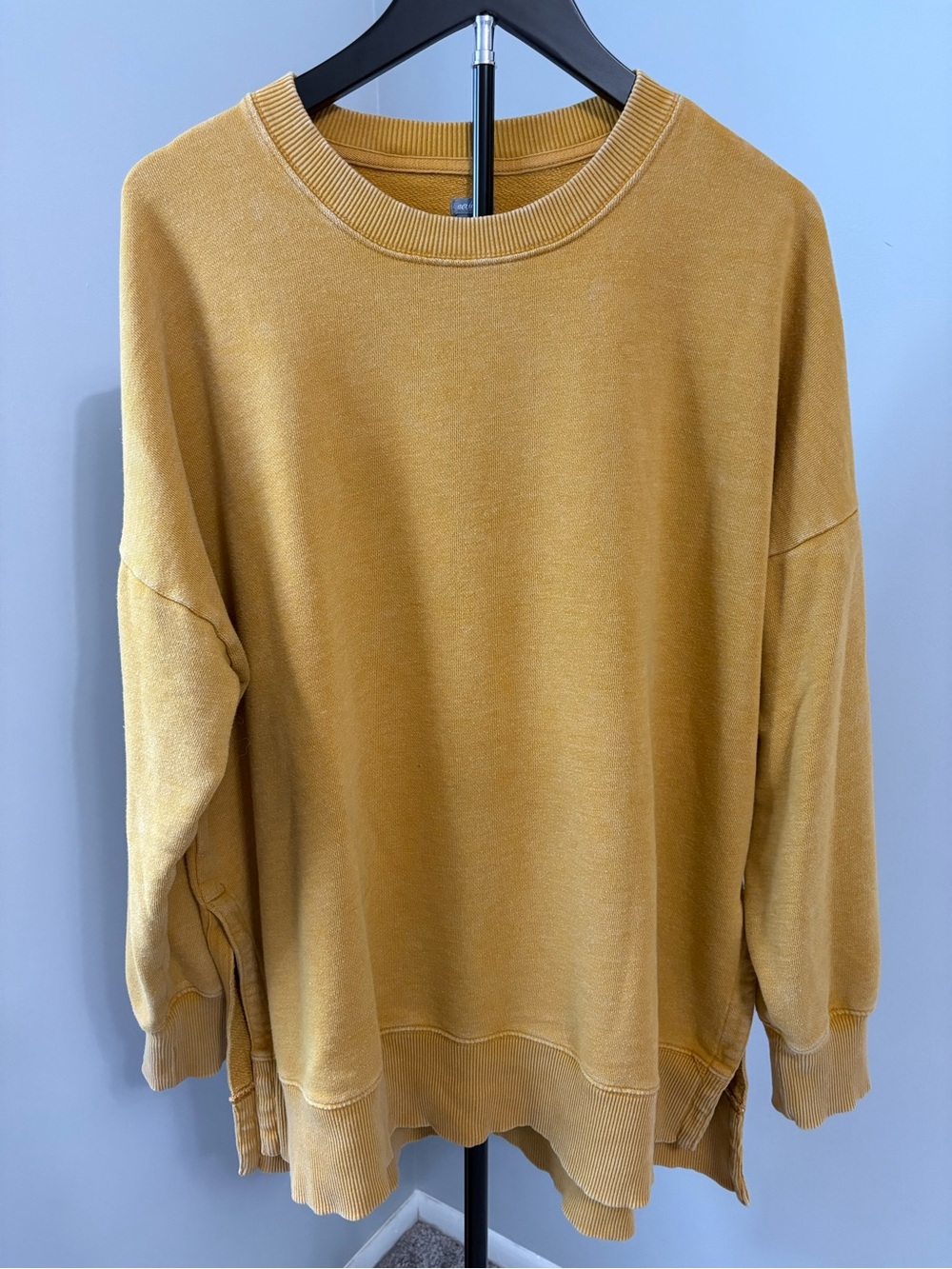 Aerie Oversized Crewneck Sweatshirt XL Distressed Mustard Yellow Side Slit Cozy - Picture 2 of 8